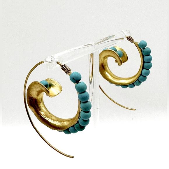 Ottoman Hands Bohemian Brass Turquoise Bead Hoop Earrings Boho Statement Jewelry - Picture 1 of 11